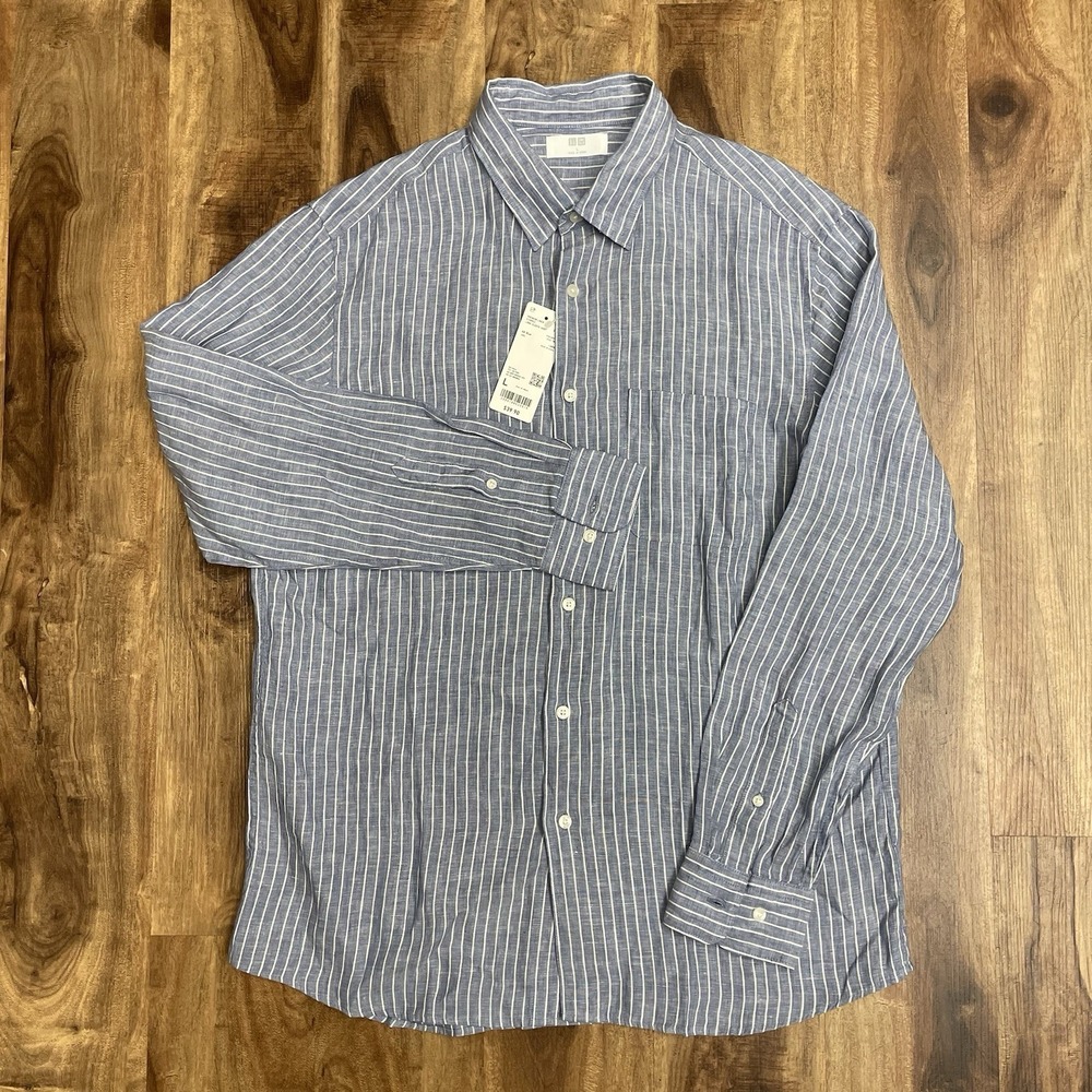 Uniqlo Linen Shirt Mens L Blue Premium Striped Long Sleeve Button Front NWT